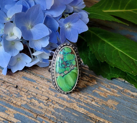 Green Turquoise Ring - sterling silver, handmade, 100% fabricated by hand, vine ring shank, leaves, beautiful gift, Size 7.5 USA