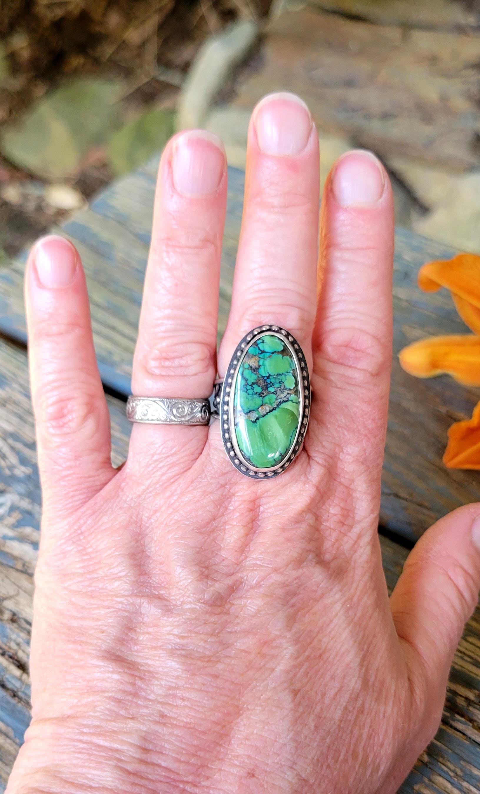Green Turquoise Ring - sterling silver, handmade, 100% fabricated by hand, vine ring shank, leaves, beautiful gift, Size 7.5 USA