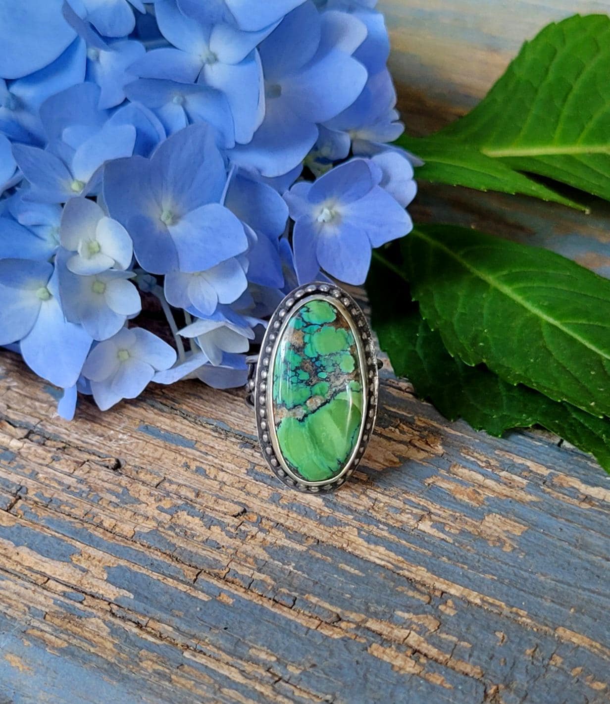 Green Turquoise Ring - sterling silver, handmade, 100% fabricated by hand, vine ring shank, leaves, beautiful gift, Size 7.5 USA
