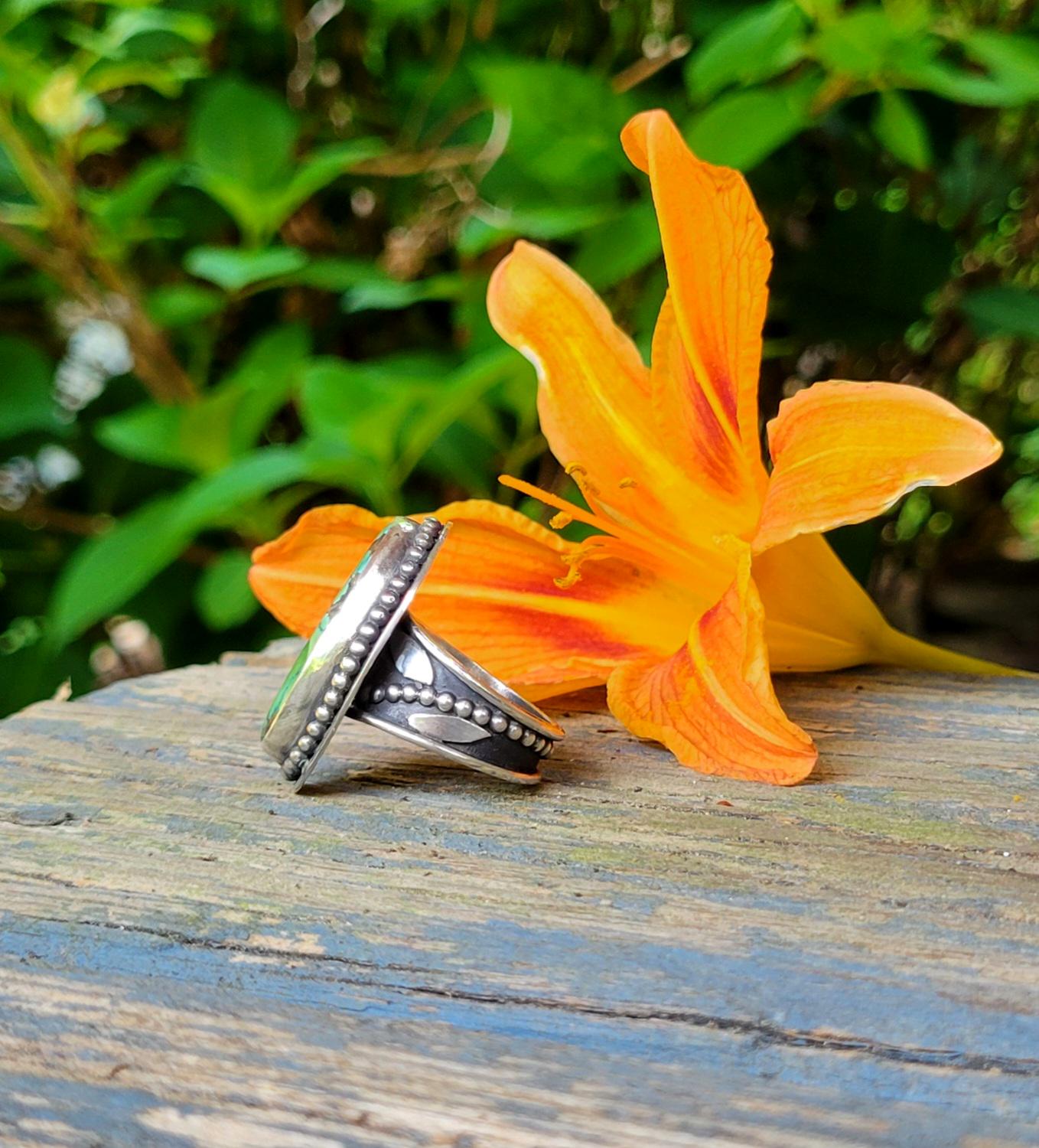 Green Turquoise Ring - sterling silver, handmade, 100% fabricated by hand, vine ring shank, leaves, beautiful gift, Size 7.5 USA