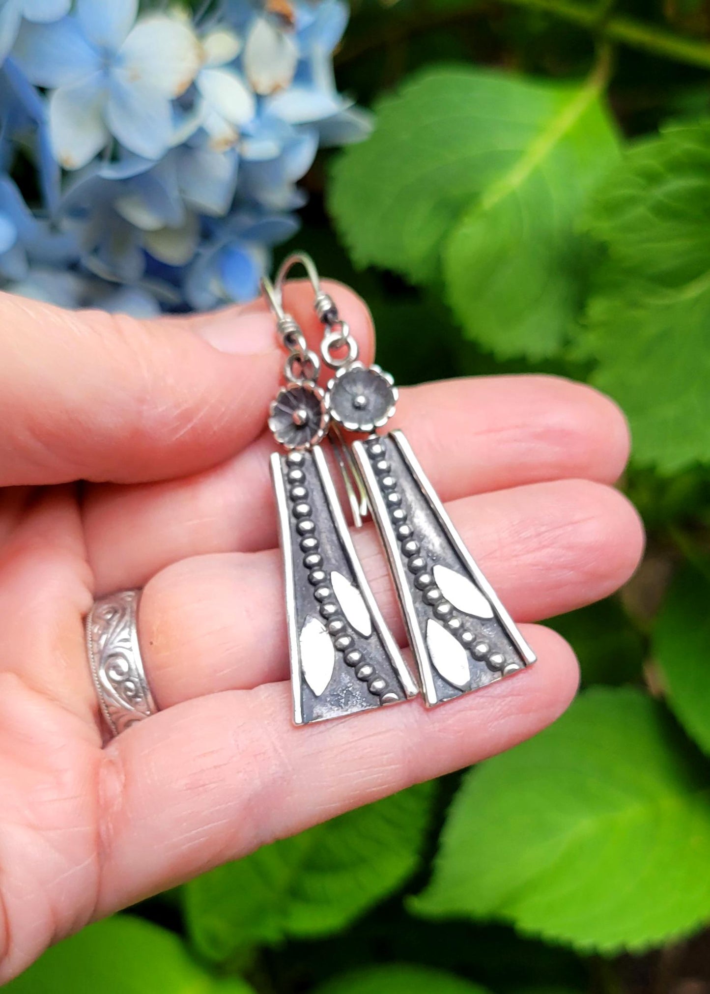 Sterling Silver Flower & Leaf Earrings - dangles, vine, hand crafted, handmade, small, elegant, extremely lightweight