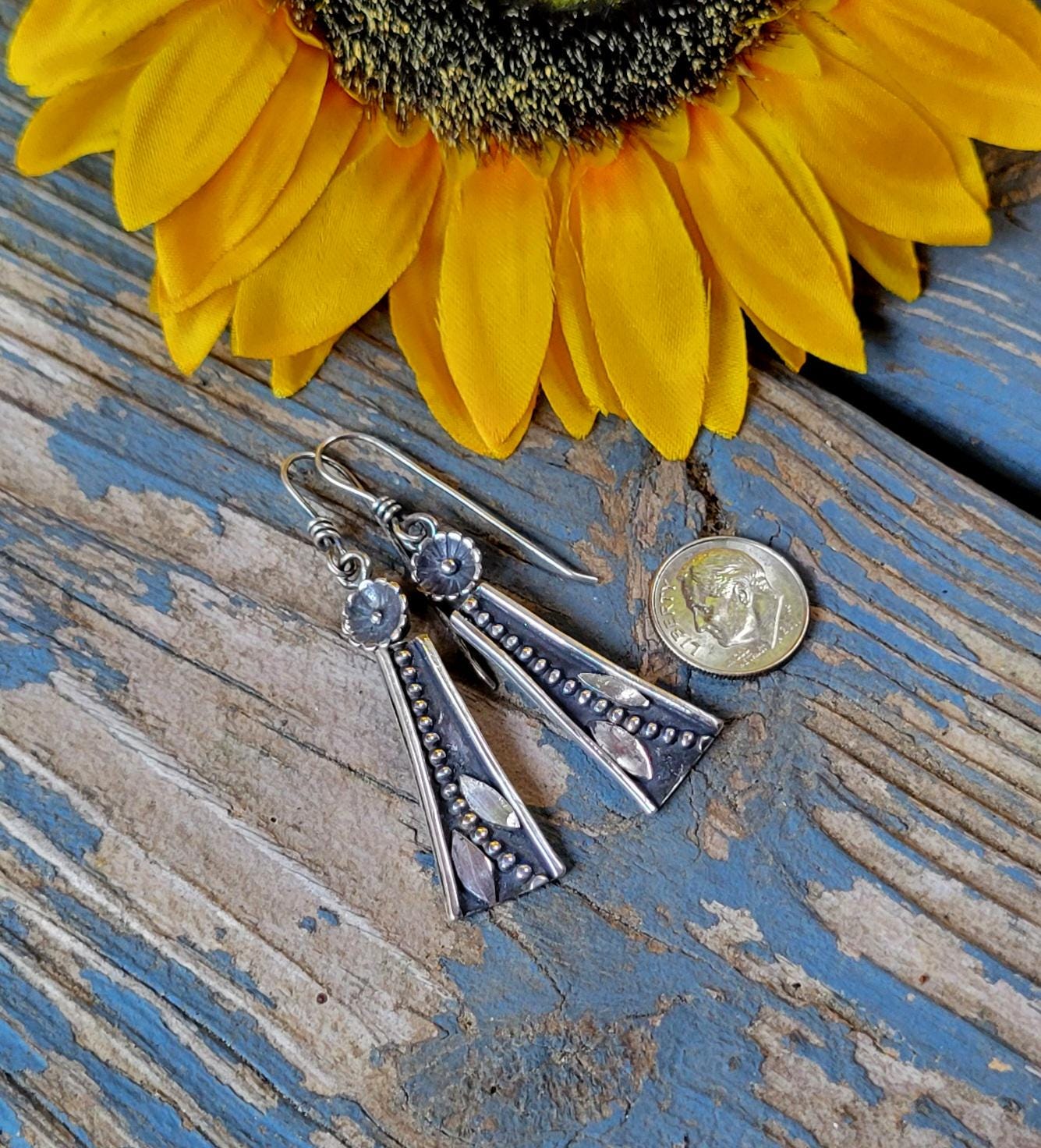 Sterling Silver Flower & Leaf Earrings - dangles, vine, hand crafted, handmade, small, elegant, extremely lightweight