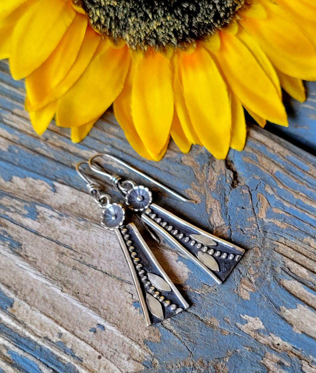 Sterling Silver Flower & Leaf Earrings - dangles, vine, hand crafted, handmade, small, elegant, extremely lightweight