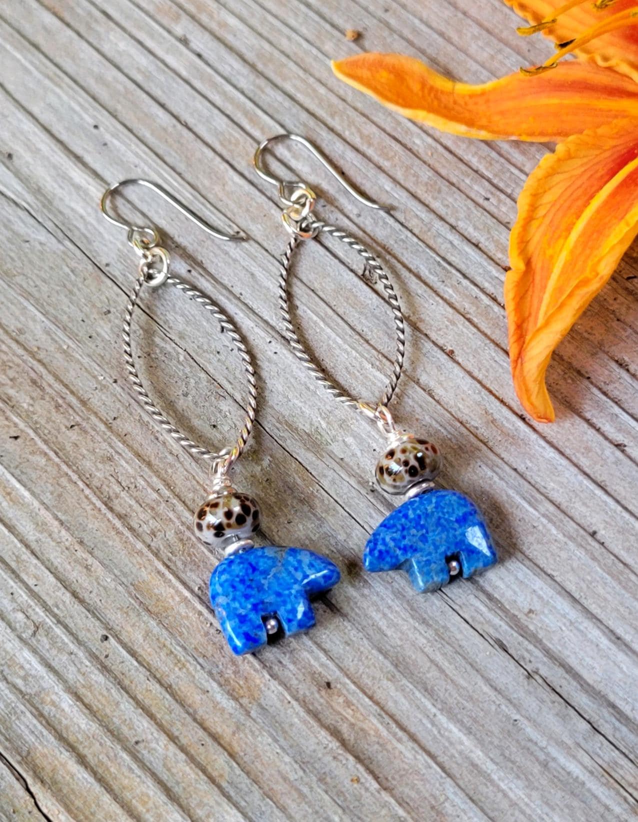 Denim Blue Lapis Lazuli Earrings - Mamma bear, silver hoops, teardrop, handmade, leopard artisan glass, lightweight, southwestern, dangles