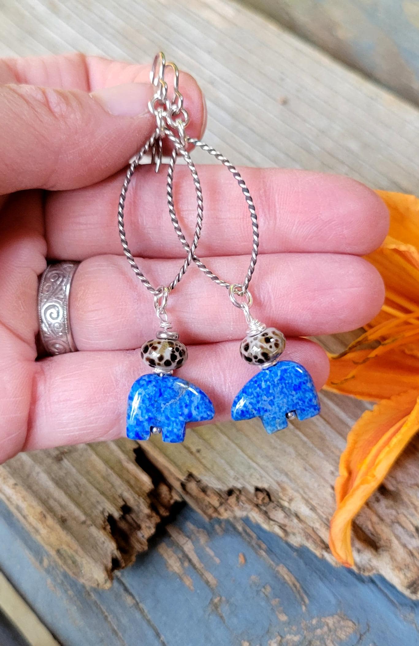 Denim Blue Lapis Lazuli Earrings - Mamma bear, silver hoops, teardrop, handmade, leopard artisan glass, lightweight, southwestern, dangles