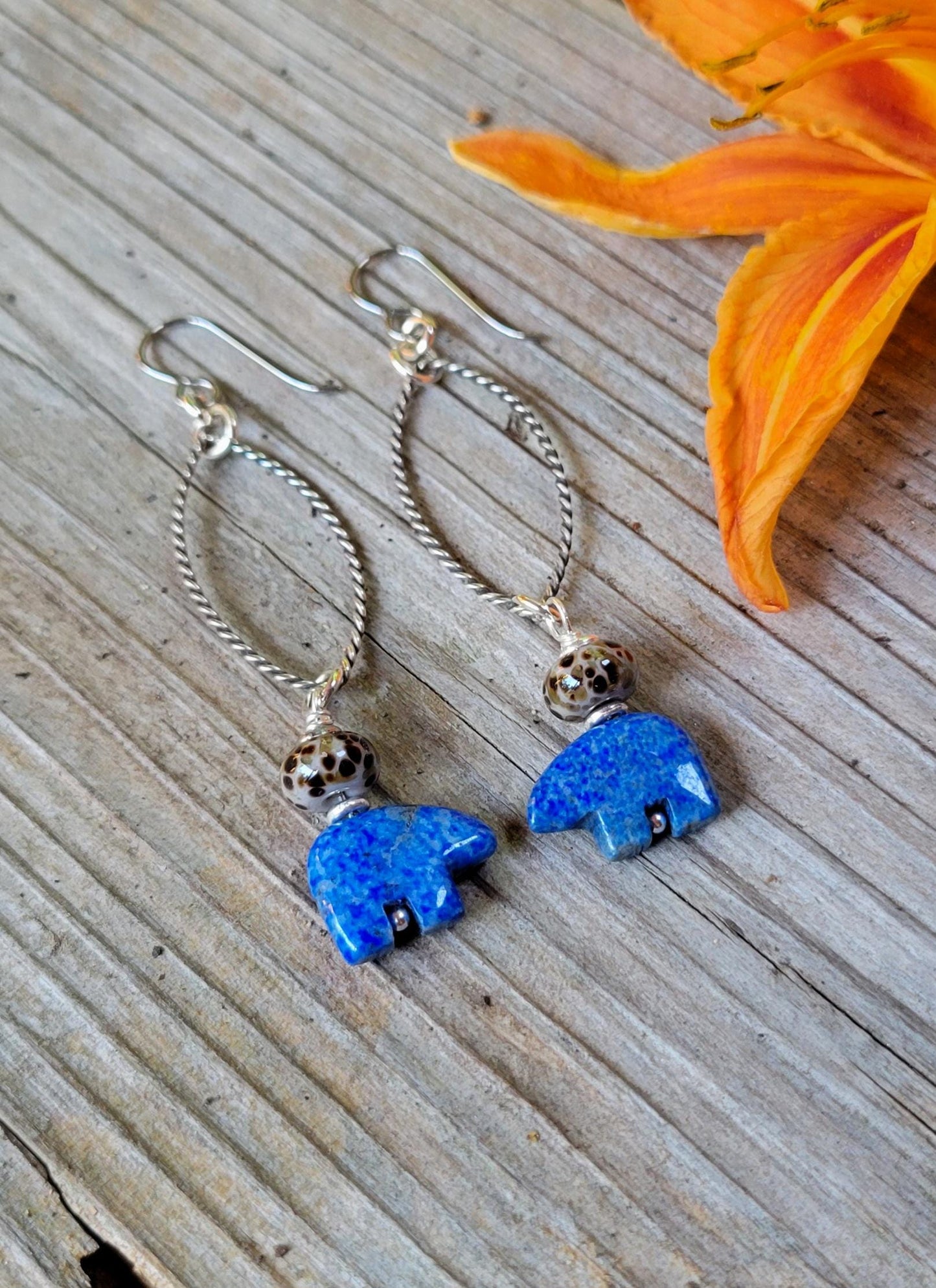 Denim Blue Lapis Lazuli Earrings - Mamma bear, silver hoops, teardrop, handmade, leopard artisan glass, lightweight, southwestern, dangles