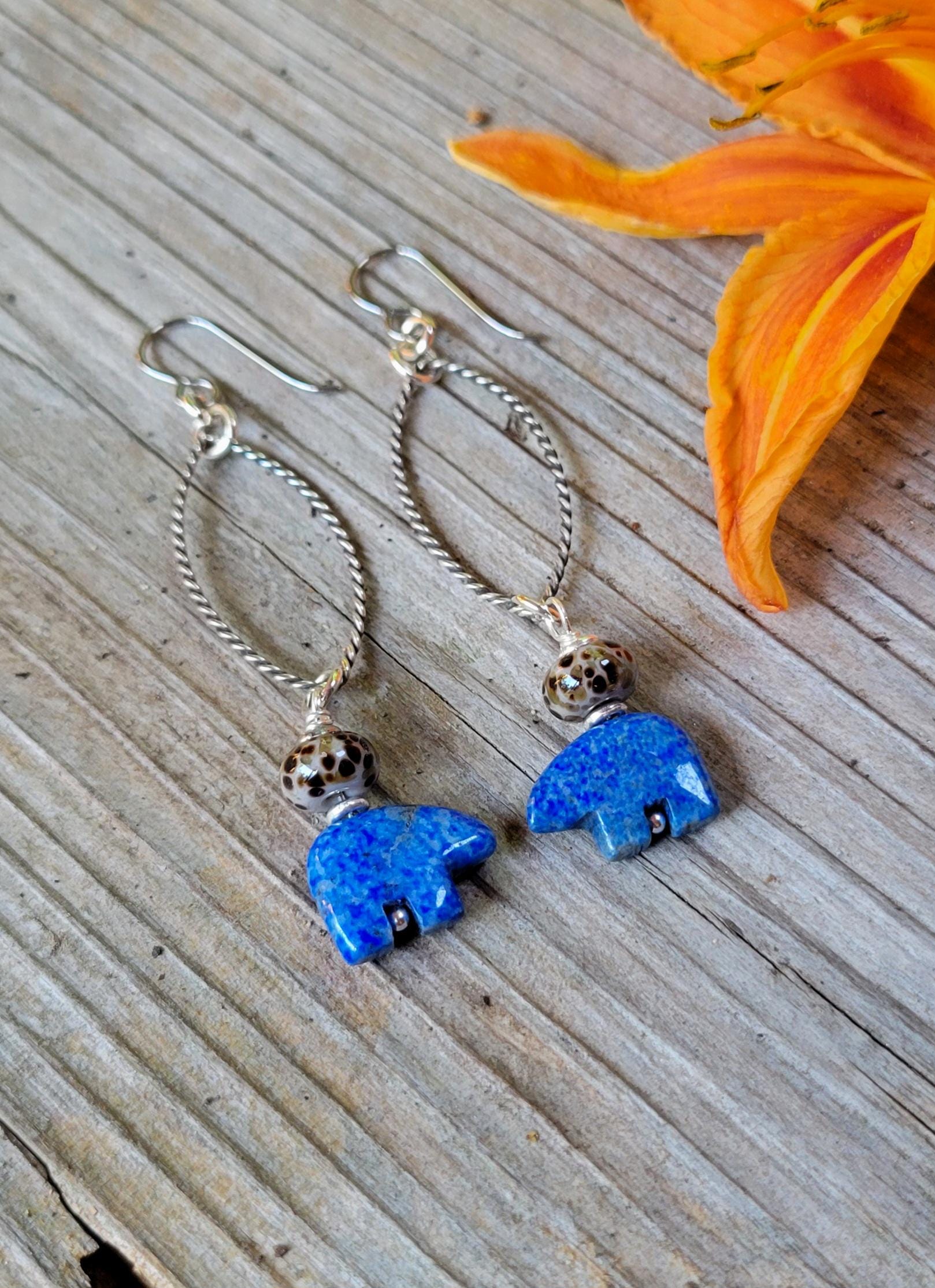 Denim Blue Lapis Lazuli Earrings - Mamma bear, silver hoops, teardrop, handmade, leopard artisan glass, lightweight, southwestern, dangles