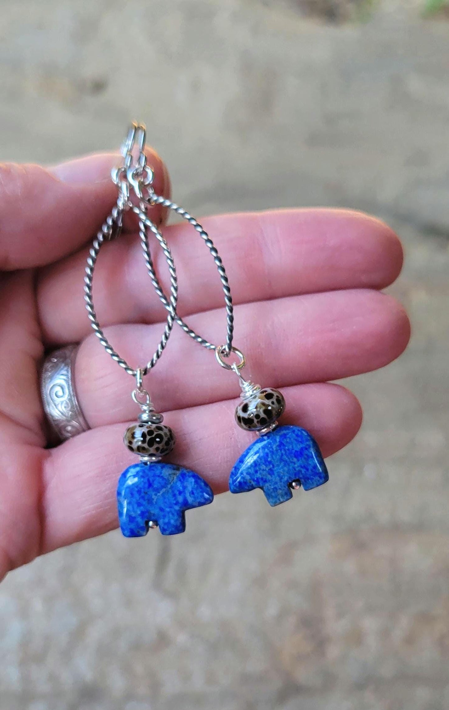 Denim Blue Lapis Lazuli Earrings - Mamma bear, silver hoops, teardrop, handmade, leopard artisan glass, lightweight, southwestern, dangles