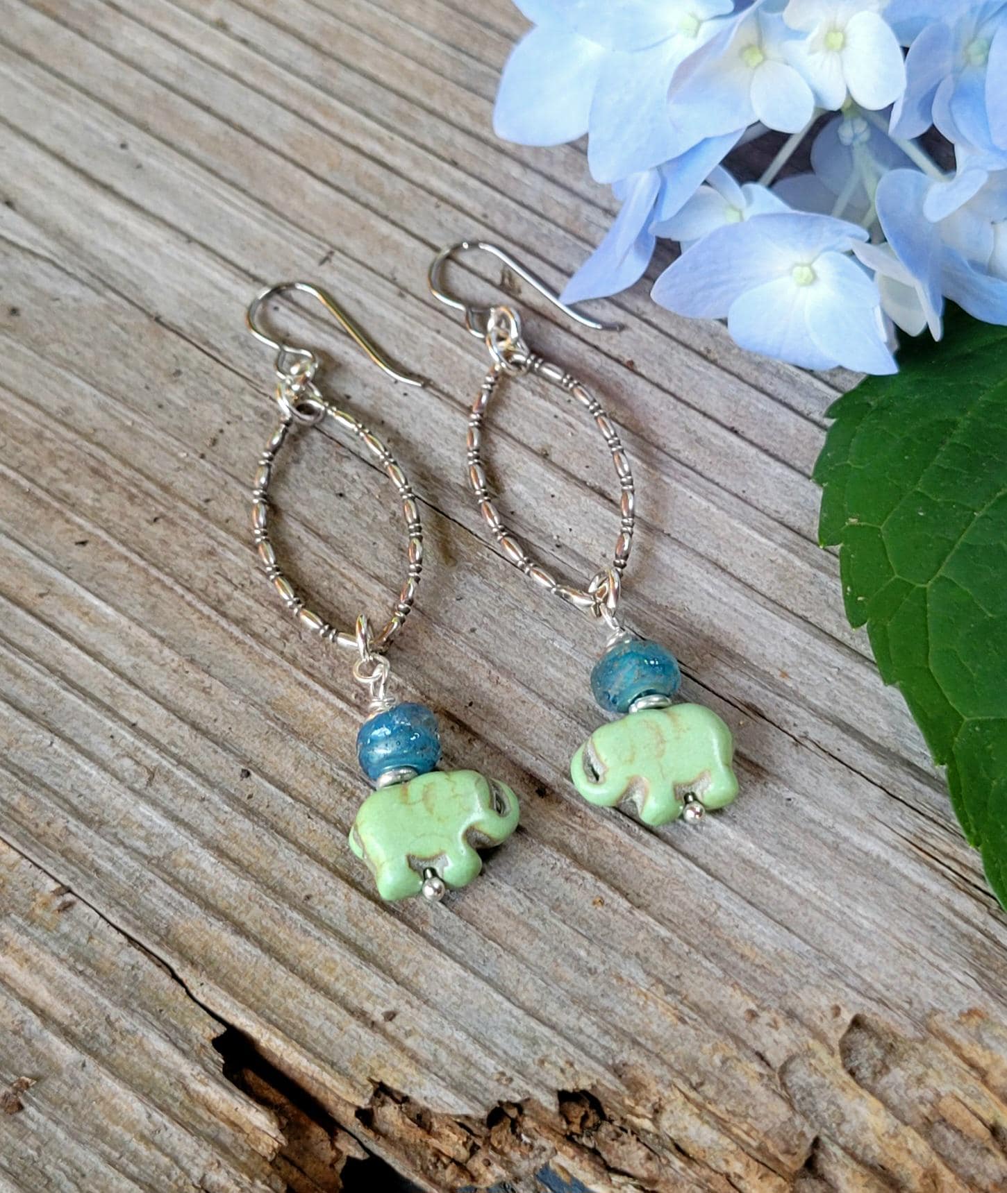 Green Elephant Earrings - handmade silver hoops, teardrop, artisan blue seaglass, lightweight, boho, dangles
