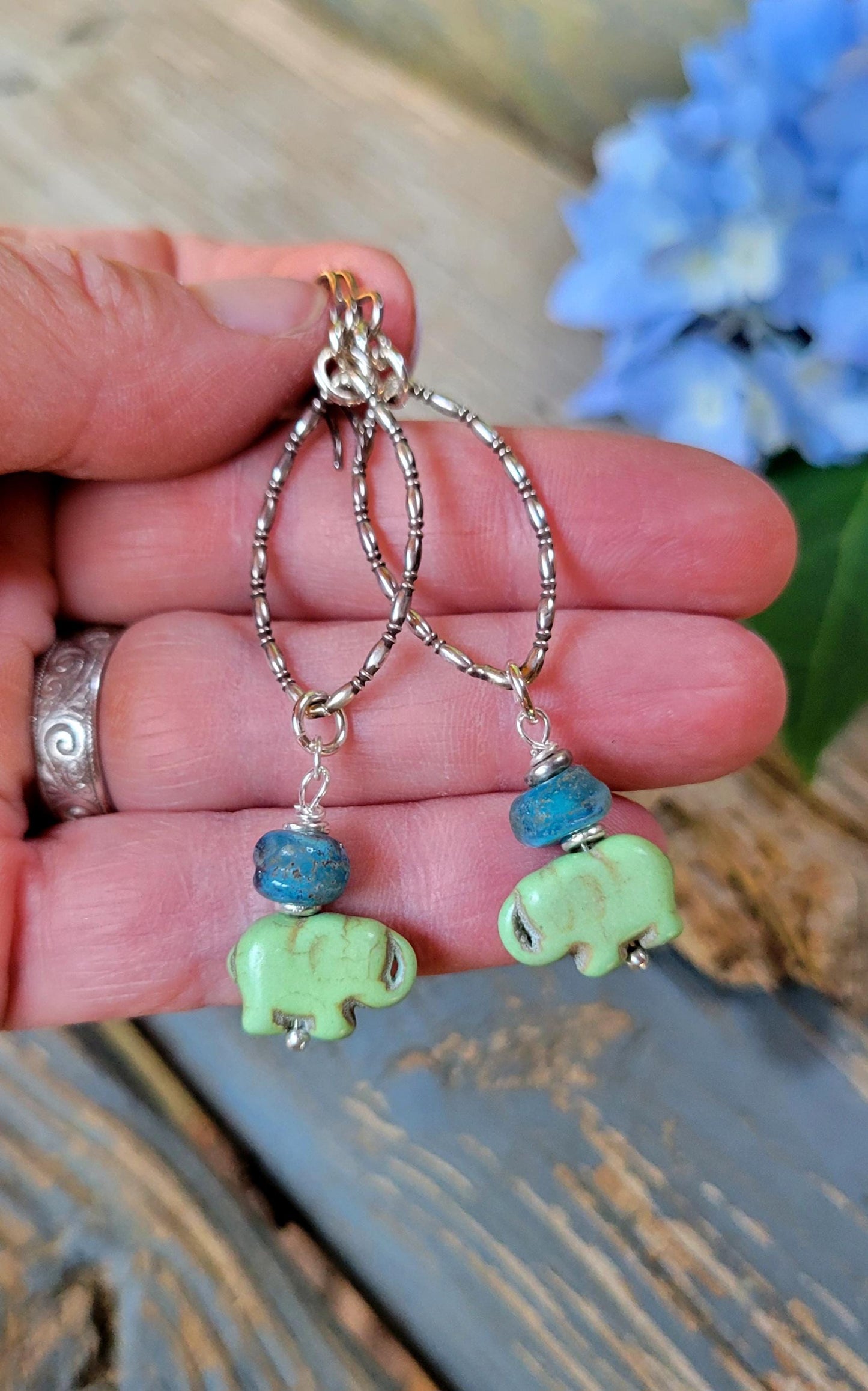 Green Elephant Earrings - handmade silver hoops, teardrop, artisan blue seaglass, lightweight, boho, dangles