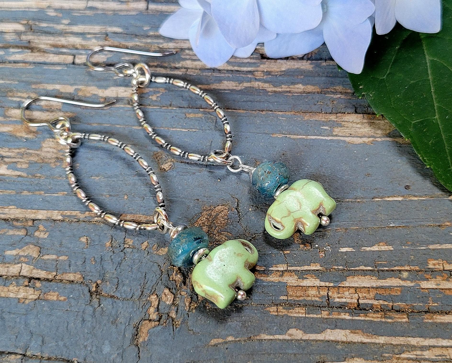Green Elephant Earrings - handmade silver hoops, teardrop, artisan blue seaglass, lightweight, boho, dangles