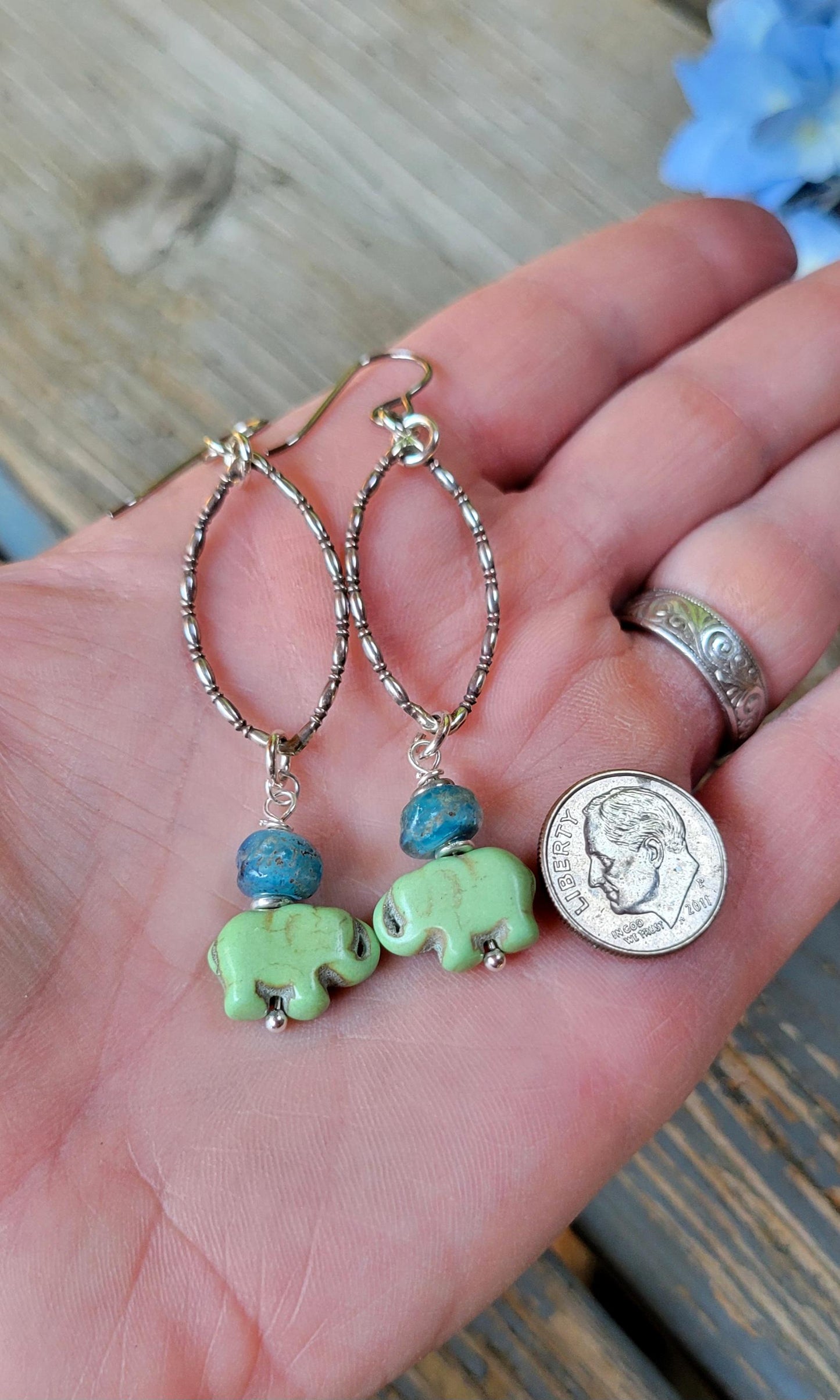 Green Elephant Earrings - handmade silver hoops, teardrop, artisan blue seaglass, lightweight, boho, dangles