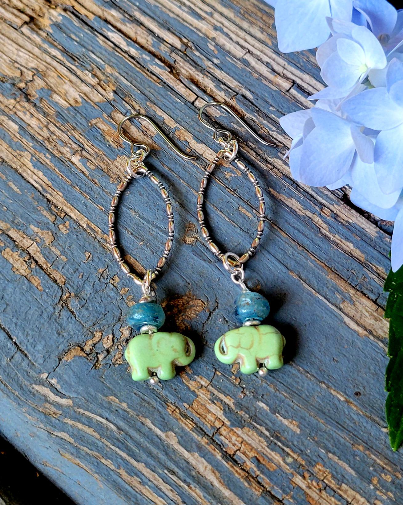 Green Elephant Earrings - handmade silver hoops, teardrop, artisan blue seaglass, lightweight, boho, dangles