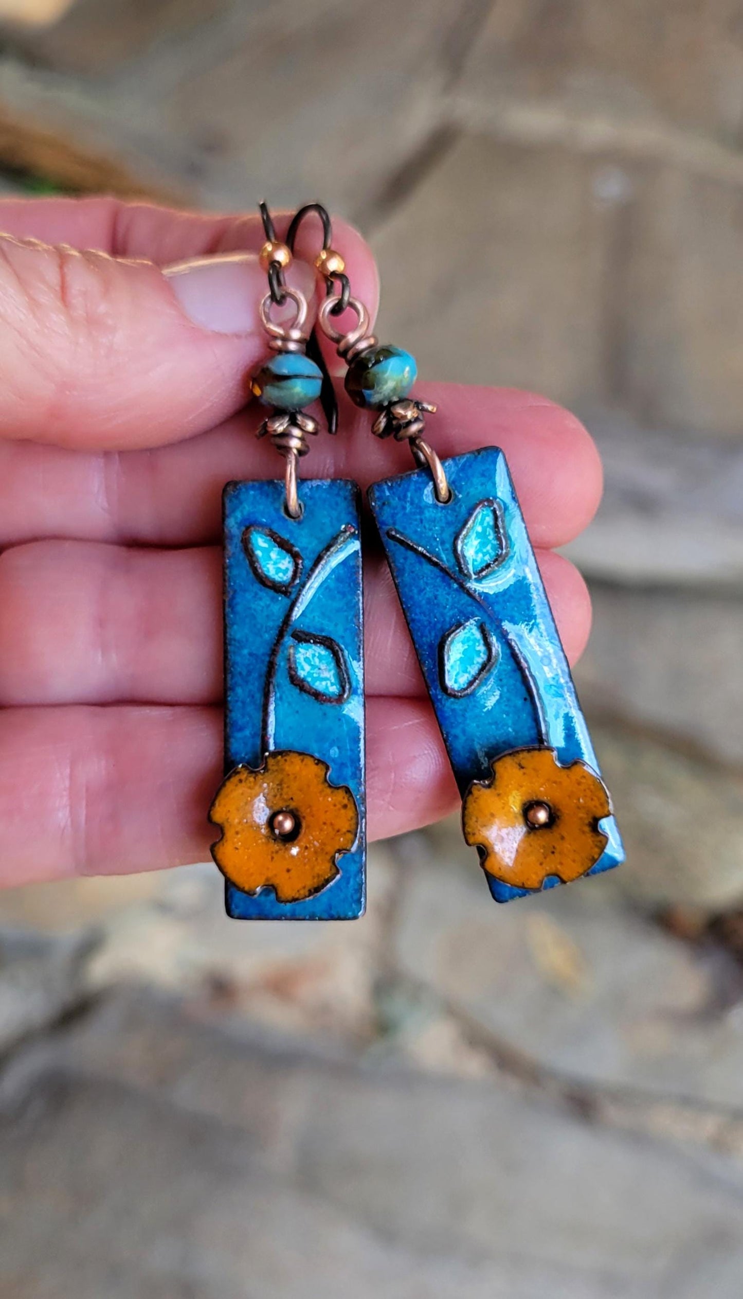 Boho Orange Flower Torch Enamel Earrings - handmade, light blue petals against a deep blue, copper, glass, lightweight, beautiful gift