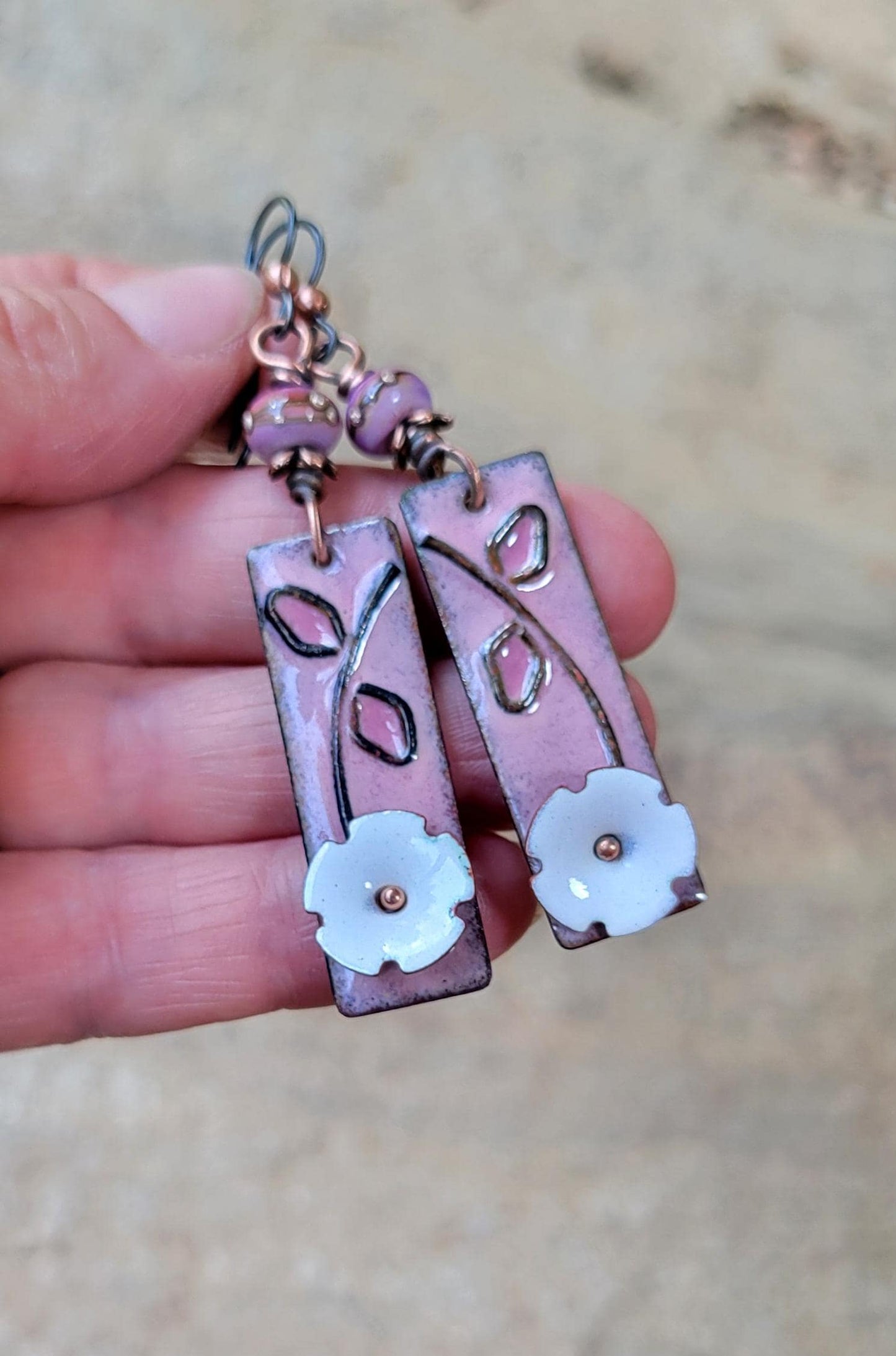 Pink & White Flower Torch Enamel Earrings - handmade, dark pink petals, copper, artisan lampwork glass beads, lightweight, beautiful gift