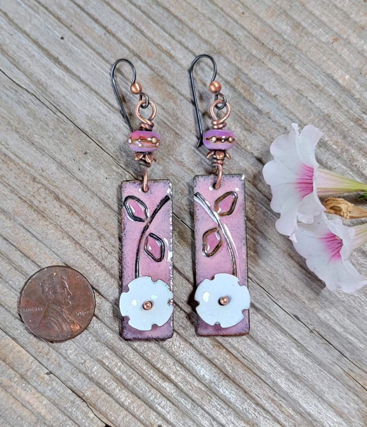 Pink & White Flower Torch Enamel Earrings - handmade, dark pink petals, copper, artisan lampwork glass beads, lightweight, beautiful gift
