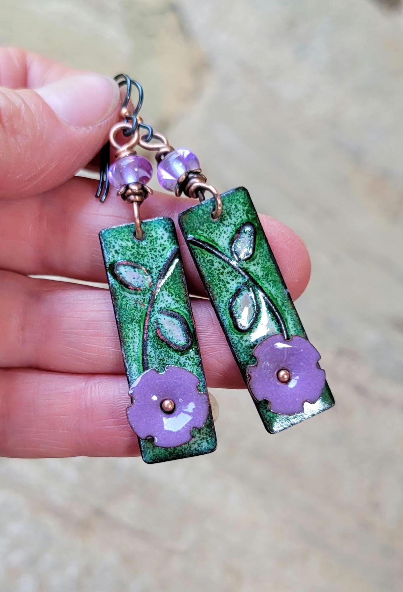 Purple Flower Torch Enamel Earrings - handmade, lavender petals, green, copper, artisan lampwork glass beads, lightweight, beautiful gift