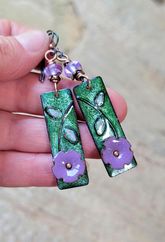 Purple Flower Torch Enamel Earrings - handmade, lavender petals, green, copper, artisan lampwork glass beads, lightweight, beautiful gift