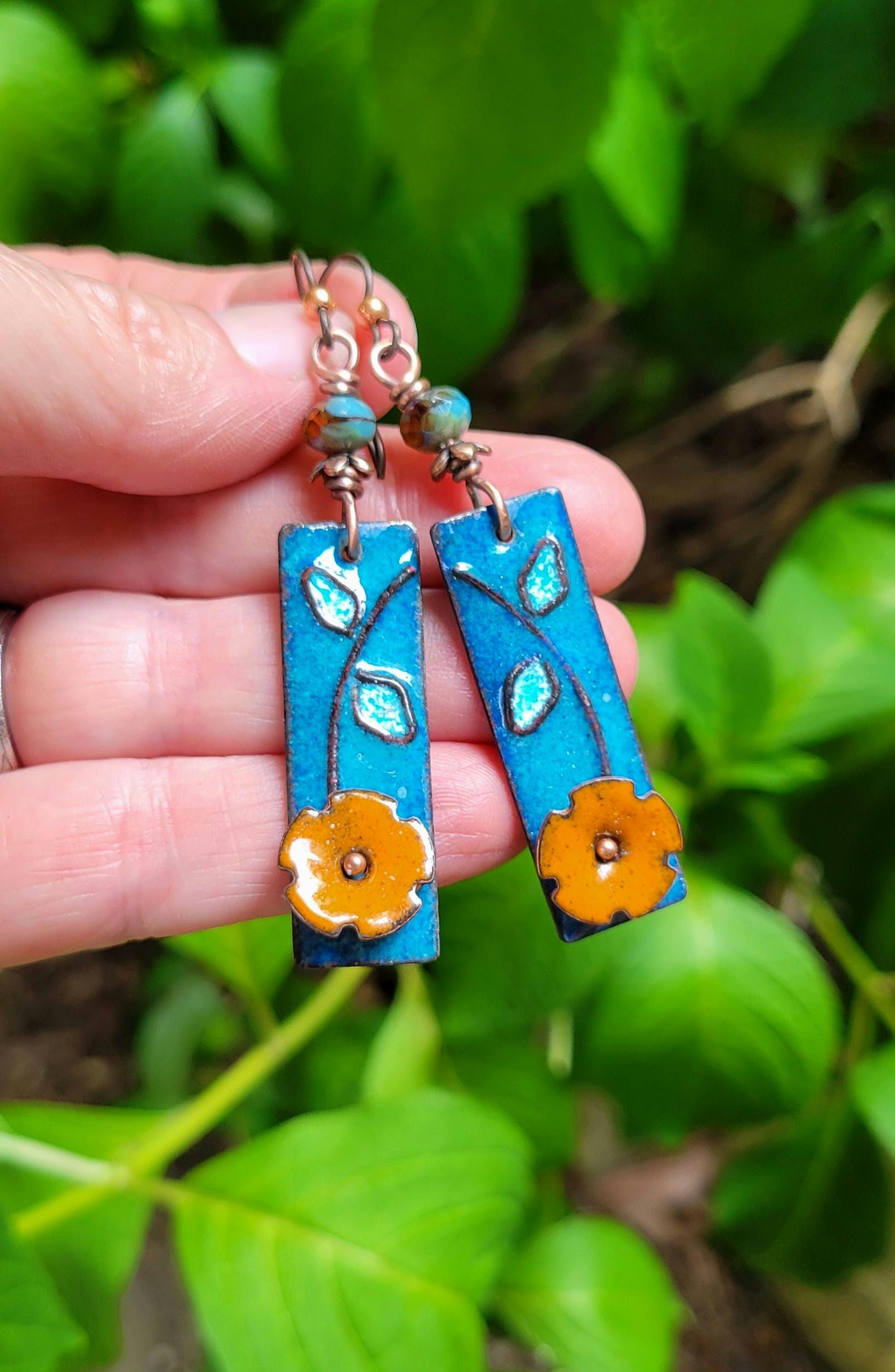 Boho Orange Flower Torch Enamel Earrings - handmade, light blue petals against a deep blue, copper, glass, lightweight, beautiful gift