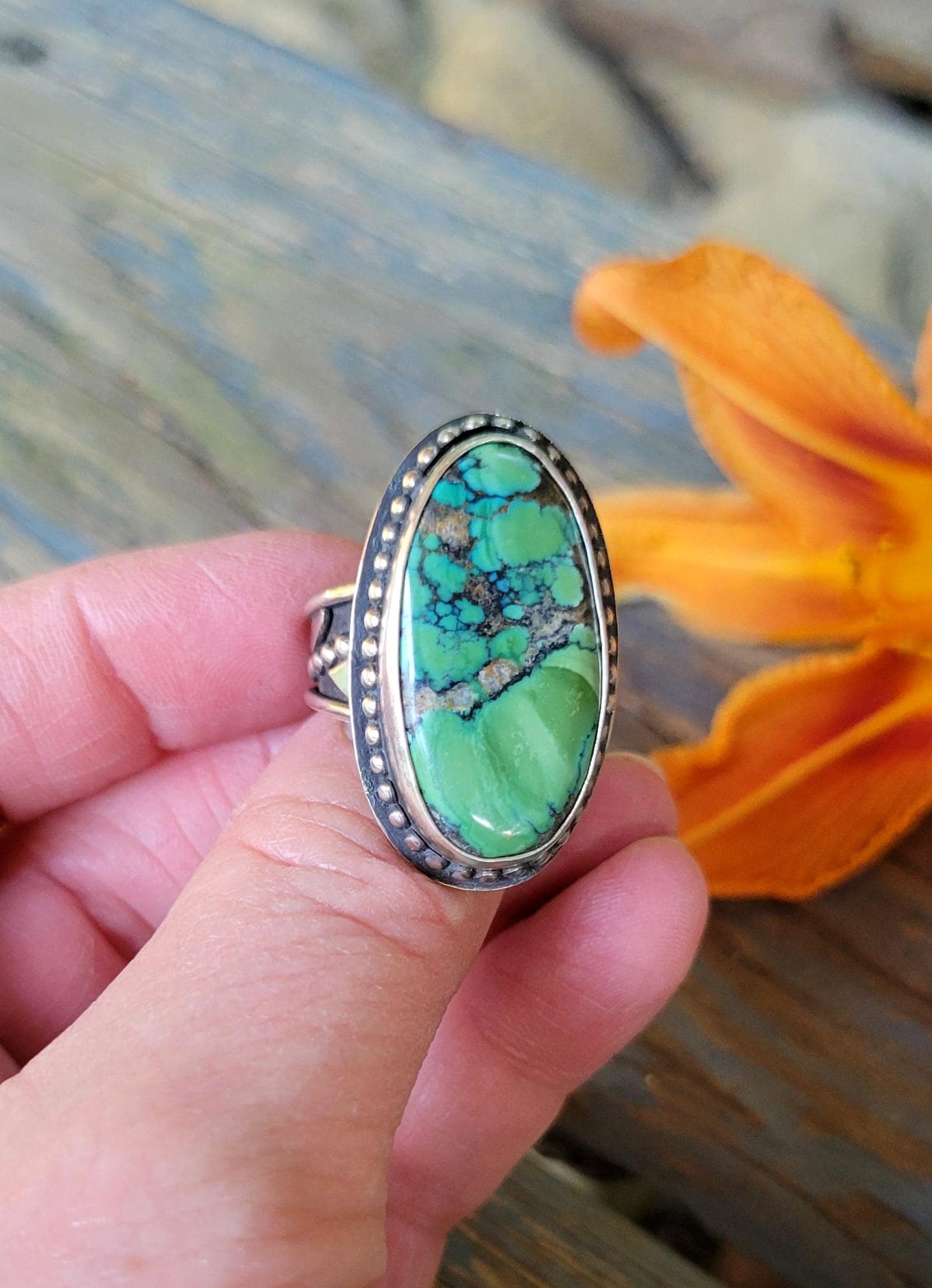 Green Turquoise Ring - sterling silver, handmade, 100% fabricated by hand, vine ring shank, leaves, beautiful gift, Size 7.5 USA
