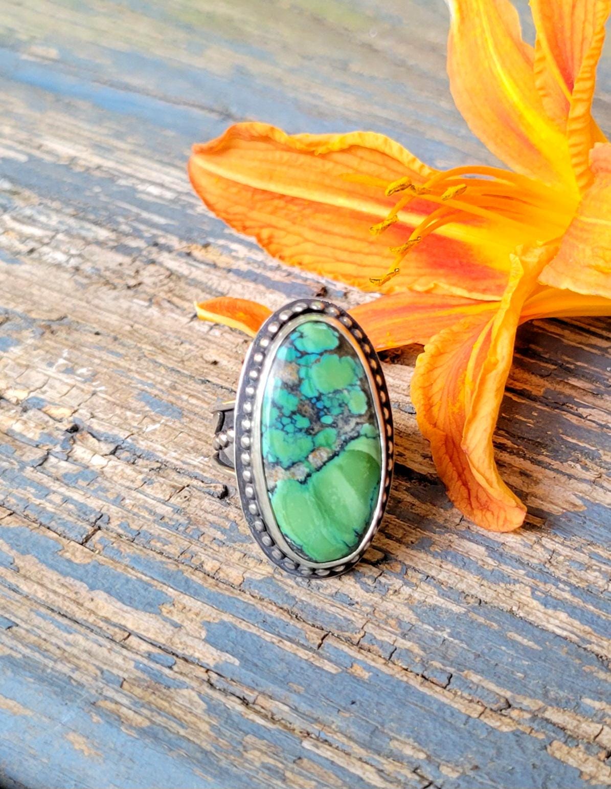 Green Turquoise Ring - sterling silver, handmade, 100% fabricated by hand, vine ring shank, leaves, beautiful gift, Size 7.5 USA
