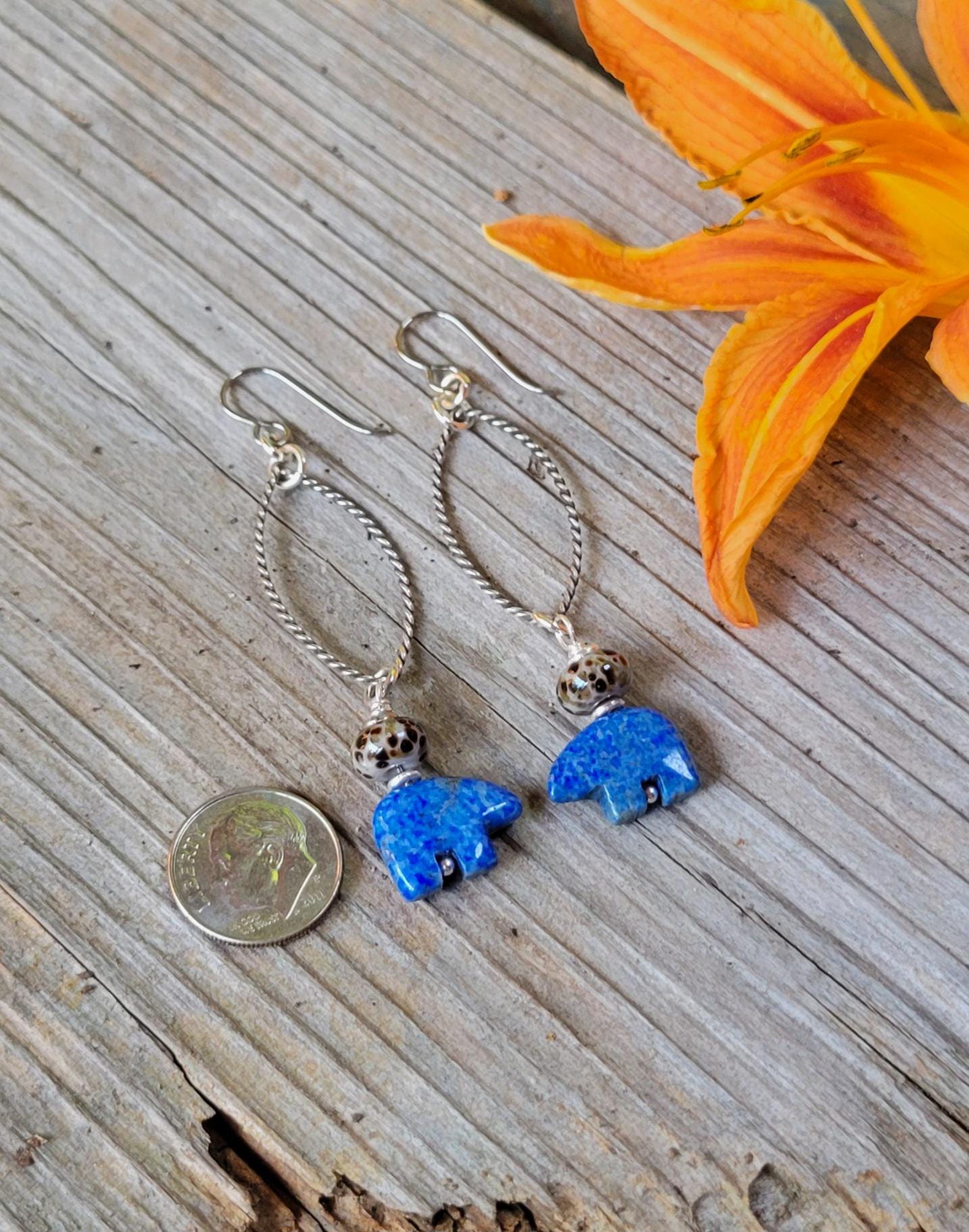 Denim Blue Lapis Lazuli Earrings - Mamma bear, silver hoops, teardrop, handmade, leopard artisan glass, lightweight, southwestern, dangles
