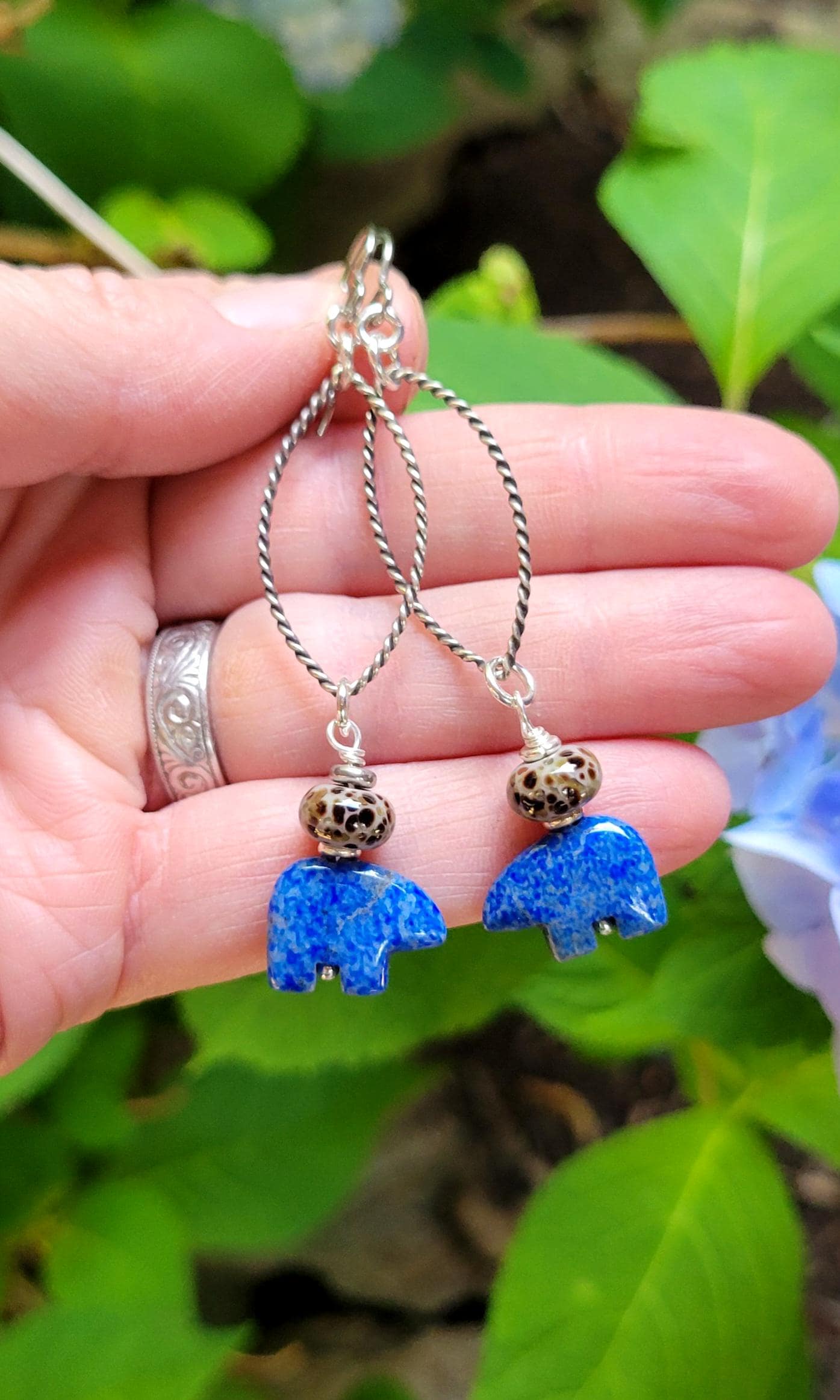 Denim Blue Lapis Lazuli Earrings - Mamma bear, silver hoops, teardrop, handmade, leopard artisan glass, lightweight, southwestern, dangles