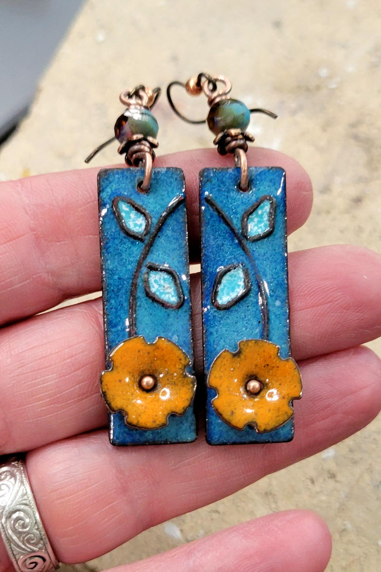 Boho Orange Flower Torch Enamel Earrings - handmade, light blue petals against a deep blue, copper, glass, lightweight, beautiful gift