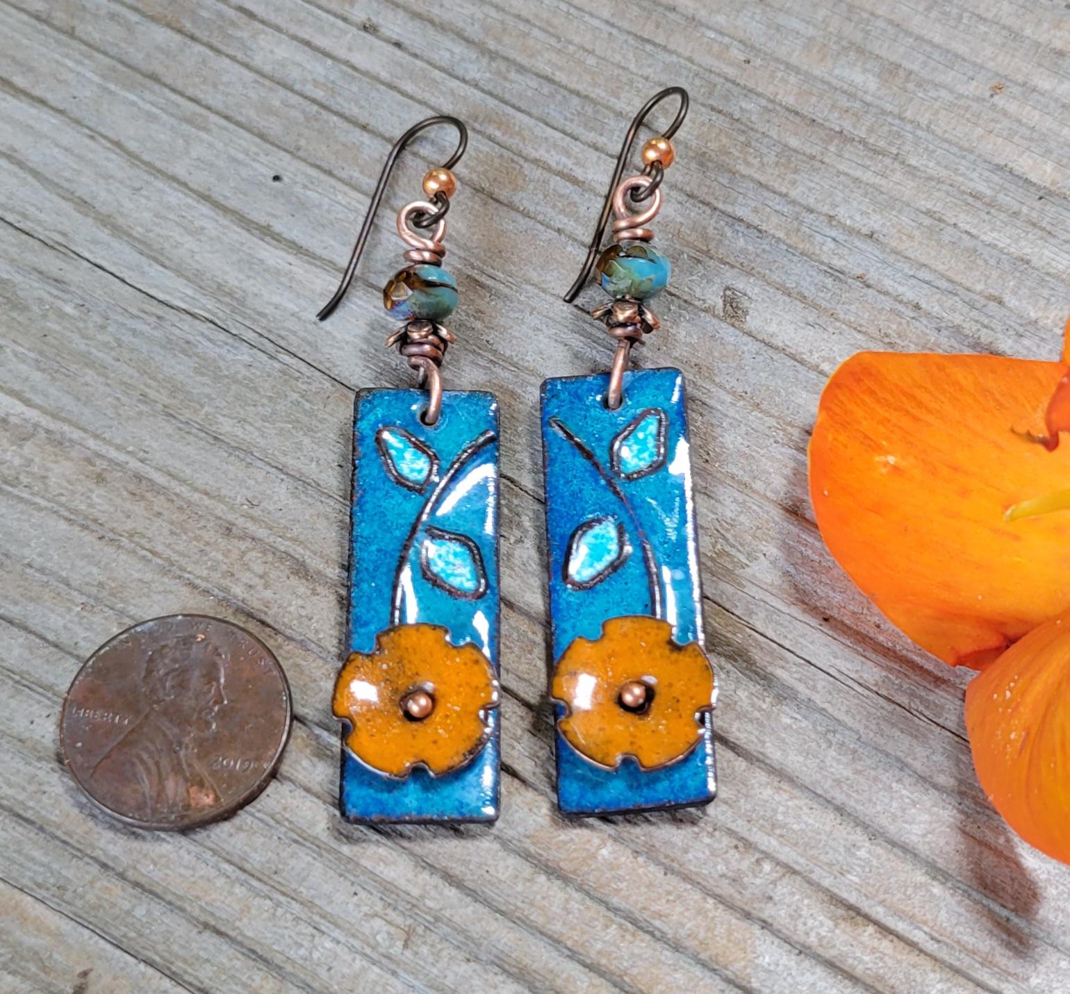 Boho Orange Flower Torch Enamel Earrings - handmade, light blue petals against a deep blue, copper, glass, lightweight, beautiful gift