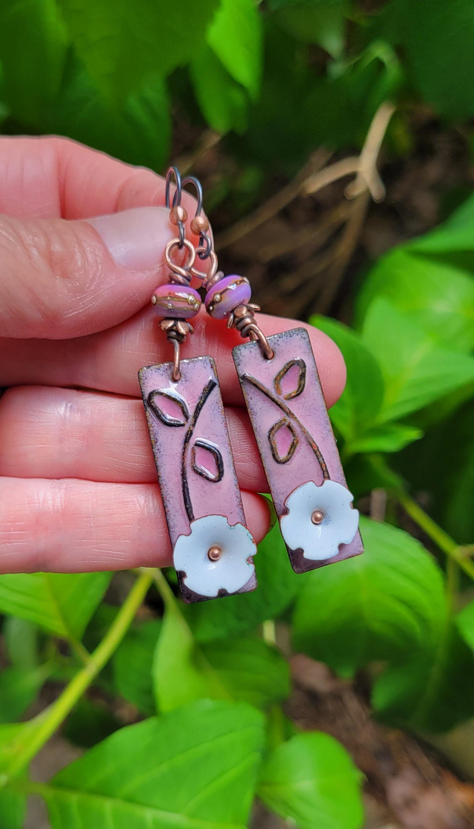 Pink & White Flower Torch Enamel Earrings - handmade, dark pink petals, copper, artisan lampwork glass beads, lightweight, beautiful gift