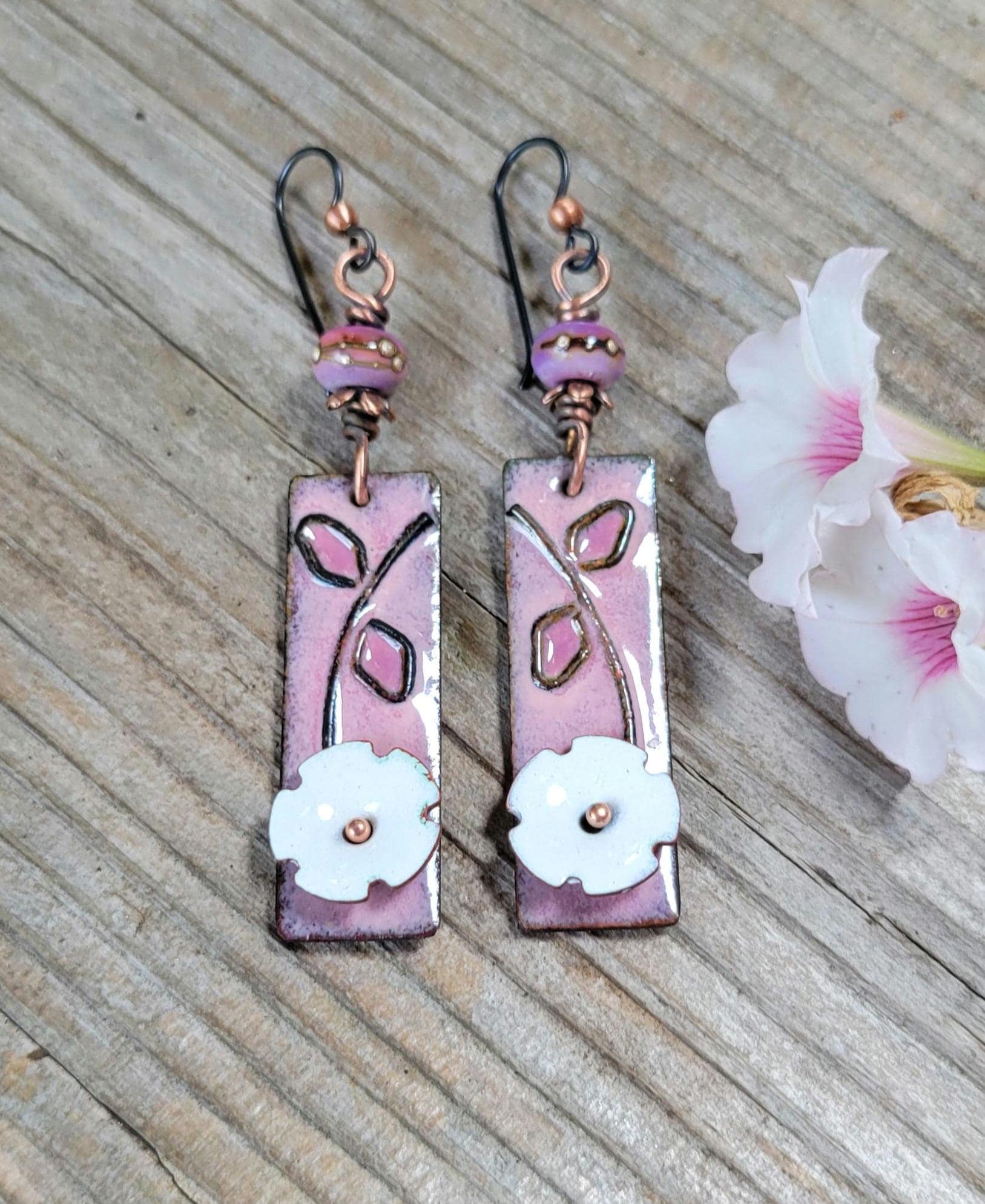 Pink & White Flower Torch Enamel Earrings - handmade, dark pink petals, copper, artisan lampwork glass beads, lightweight, beautiful gift