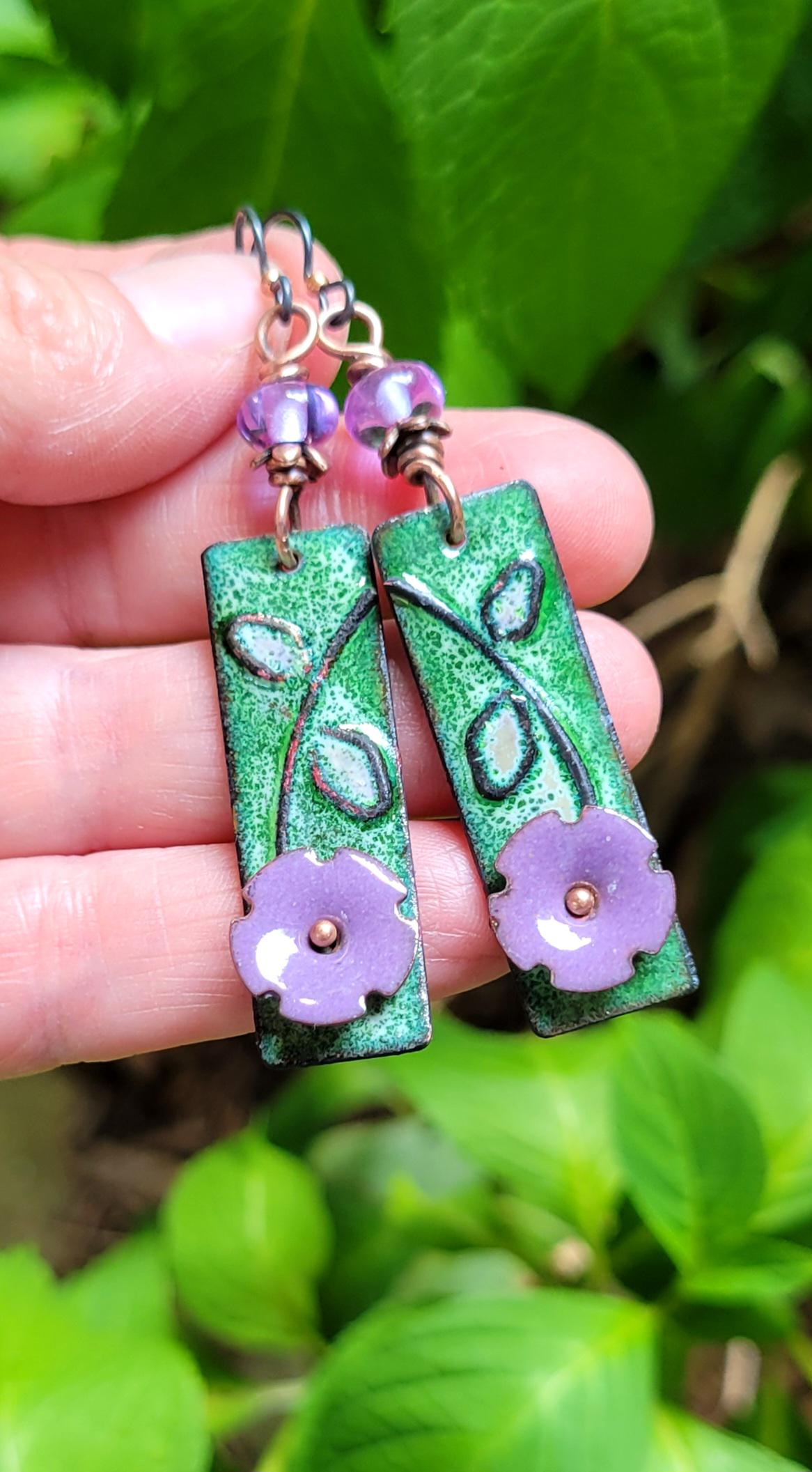 Purple Flower Torch Enamel Earrings - handmade, lavender petals, green, copper, artisan lampwork glass beads, lightweight, beautiful gift