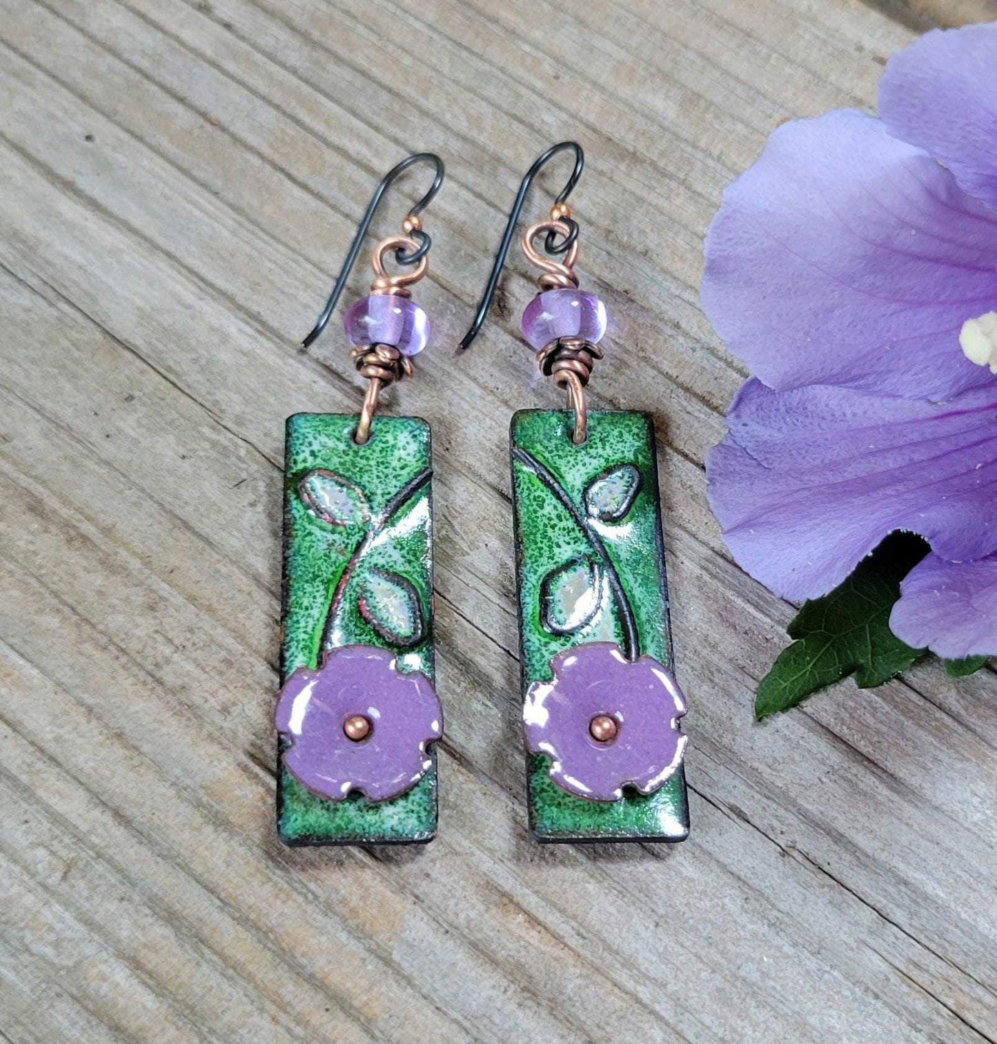 Purple Flower Torch Enamel Earrings - handmade, lavender petals, green, copper, artisan lampwork glass beads, lightweight, beautiful gift