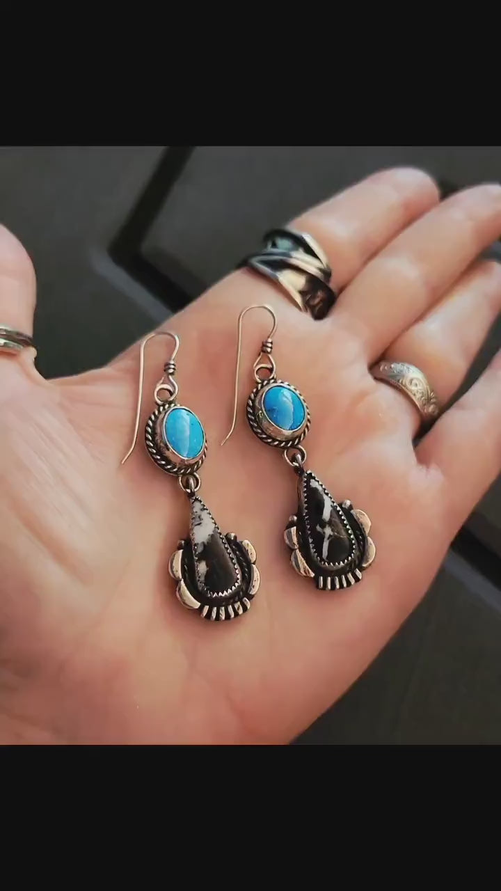White Buffalo Lone Mountain Blue Turquoise Silver Dangles - sterling silver earrings, handmade, hand crafted, southwestern, beautiful gift