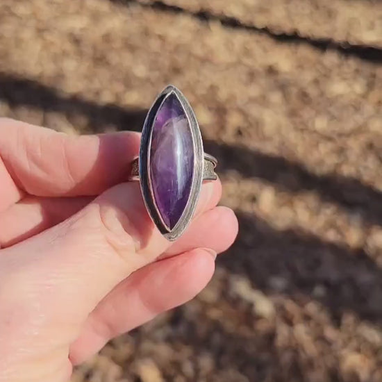 Amethyst Marquise Silver Ring - handmade, purple lavender, sterling silver, silver dusted, steel wool brushed, artisan, beautiful gift
