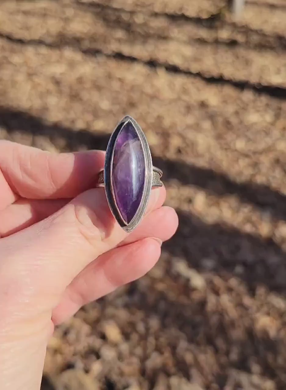 Amethyst Marquise Silver Ring - handmade, purple lavender, sterling silver, silver dusted, steel wool brushed, artisan, beautiful gift