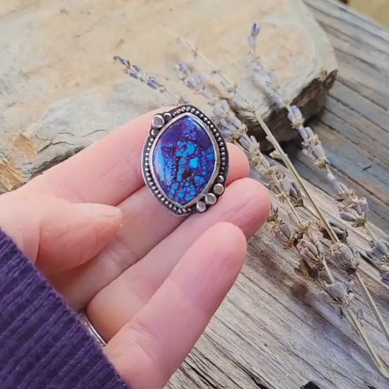 Mohave Turquoise Pony Tail Holder - handmade, hair accessory, sterling silver, purple, blue, Kingman mine, USA, marquise cut, unique gift