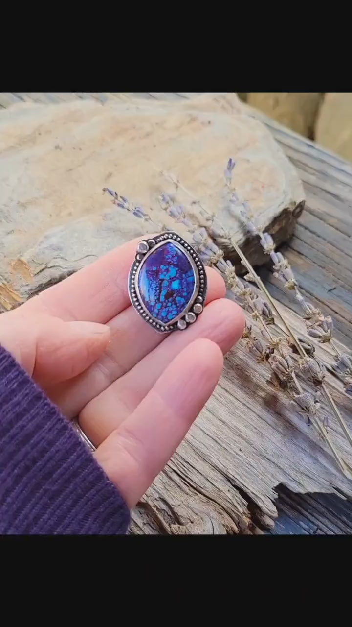 Mohave Turquoise Pony Tail Holder - handmade, hair accessory, sterling silver, purple, blue, Kingman mine, USA, marquise cut, unique gift