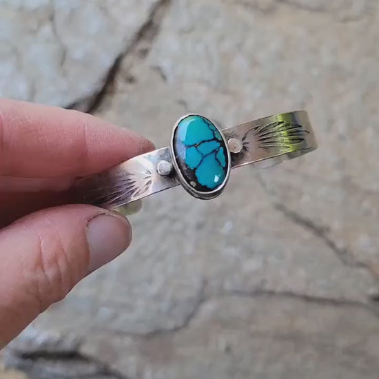 Green Hubei Turquoise Sterling Silver Cuff - handcrafted, handmade, green Hubei Turquoise, ethically sourced, stamped cuff, beautiful gift
