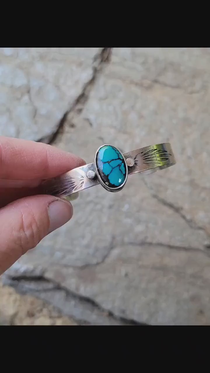 Green Hubei Turquoise Sterling Silver Cuff - handcrafted, handmade, green Hubei Turquoise, ethically sourced, stamped cuff, beautiful gift
