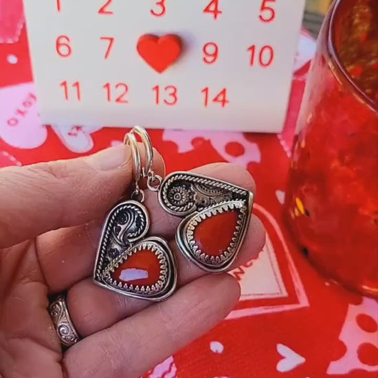 Red Heart Earrings - handcrafted handmade sterling silver, rosarita, heart back design, sterling silver lever backs, dangles, beautiful gift