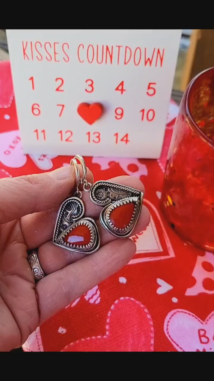 Red Heart Earrings - handcrafted handmade sterling silver, rosarita, heart back design, sterling silver lever backs, dangles, beautiful gift