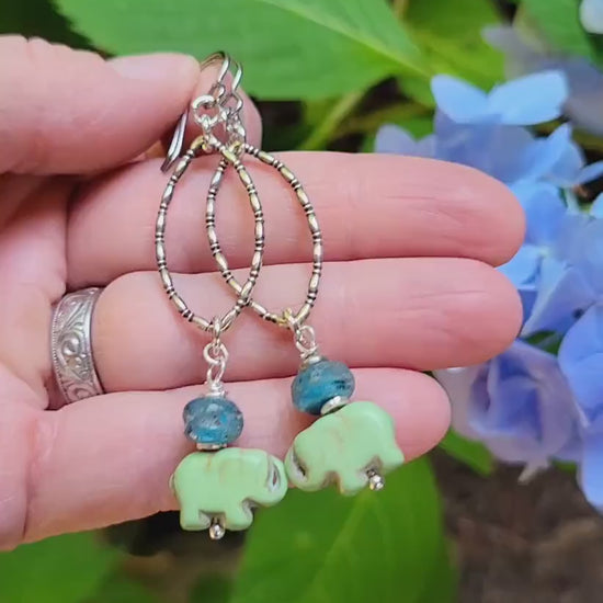 Green Elephant Earrings - handmade silver hoops, teardrop, artisan blue seaglass, lightweight, boho, dangles
