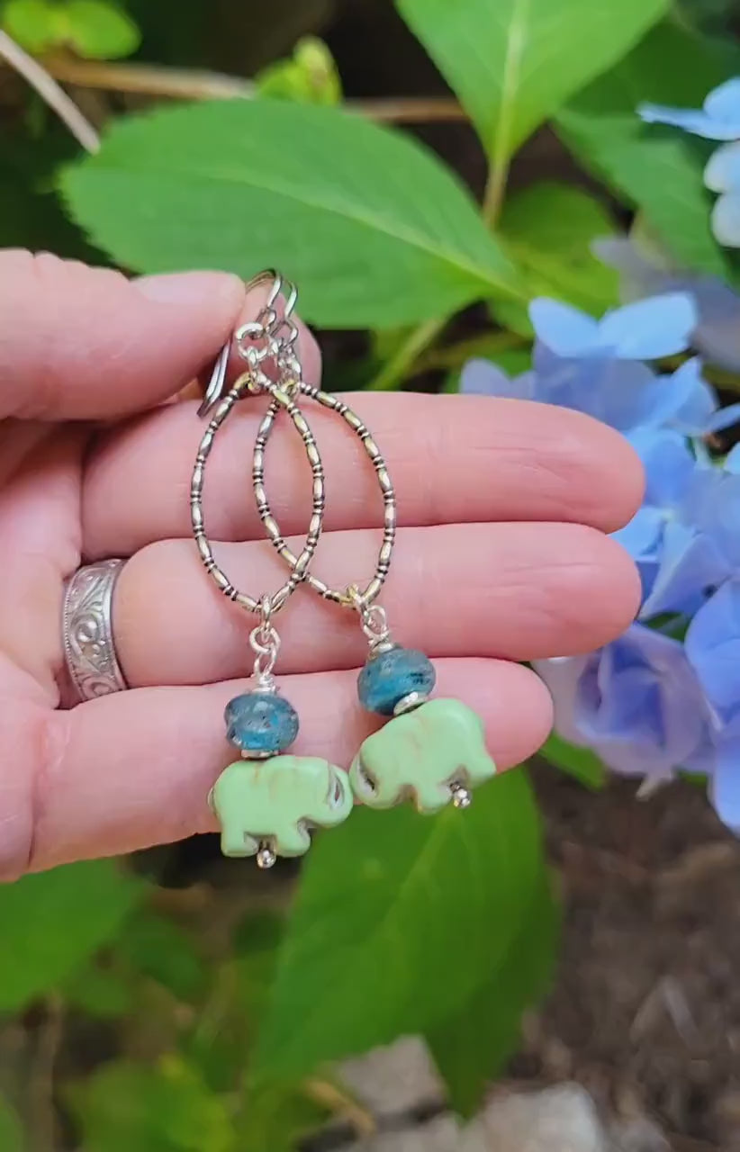 Green Elephant Earrings - handmade silver hoops, teardrop, artisan blue seaglass, lightweight, boho, dangles