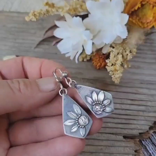 Silver Sunflower Earrings - sterling silver, handmade, hand crafted, kite, botanical, flower, silver dangles, lightweight, beautiful gift