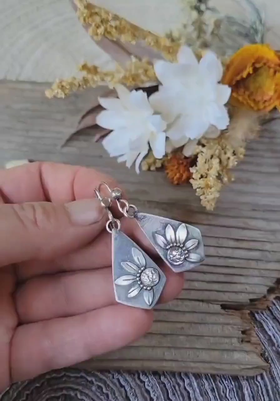 Silver Sunflower Earrings - sterling silver, handmade, hand crafted, kite, botanical, flower, silver dangles, lightweight, beautiful gift