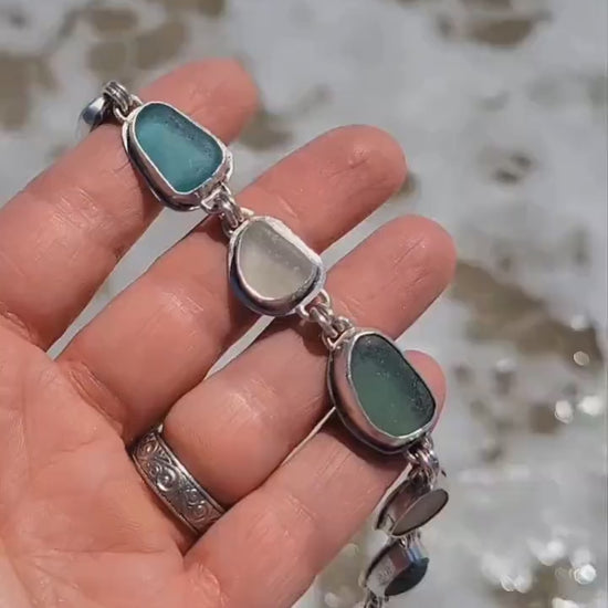 Seaglass bracelet, silver link bracelet, handmade, genuine seaglass, blue seaglass, aqua, white, sterling silver, adjustable, beautiful gift