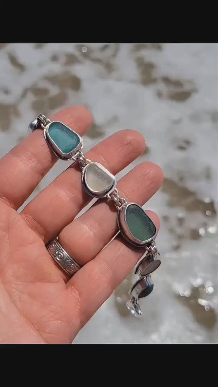 Seaglass bracelet, silver link bracelet, handmade, genuine seaglass, blue seaglass, aqua, white, sterling silver, adjustable, beautiful gift