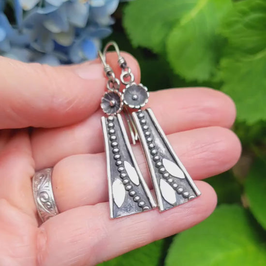 Sterling Silver Flower & Leaf Earrings - dangles, vine, hand crafted, handmade, small, elegant, extremely lightweight