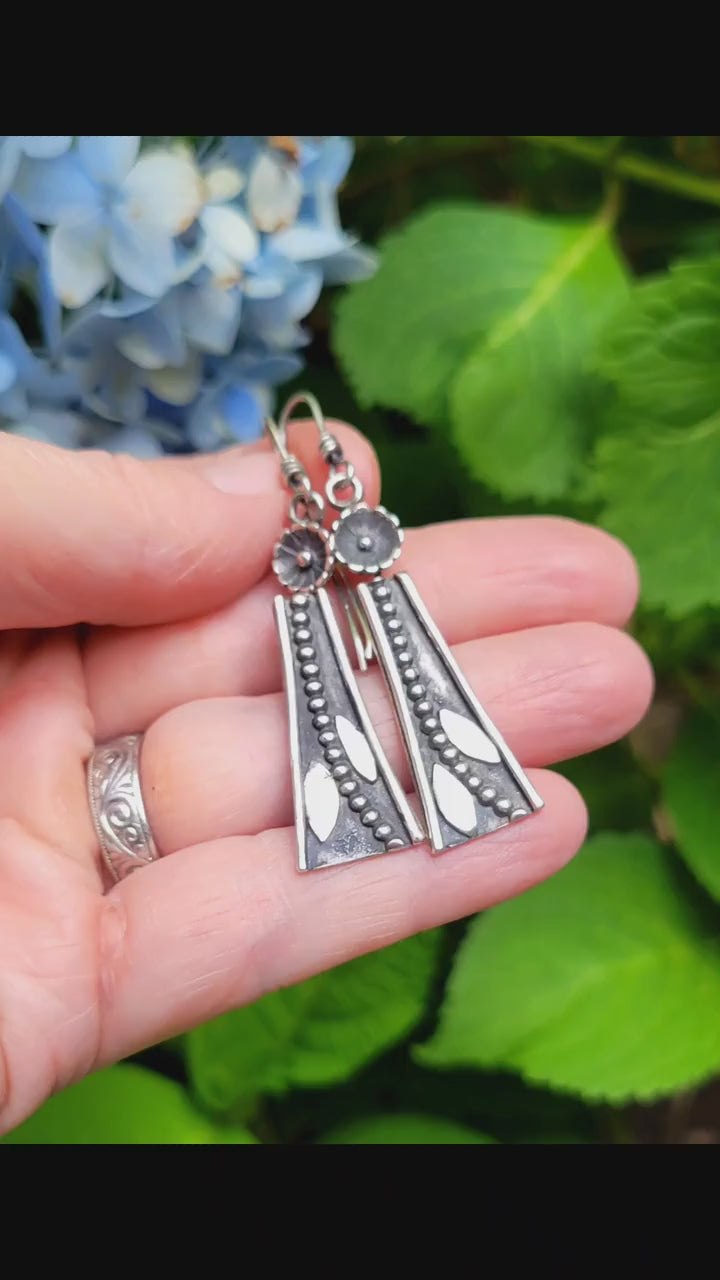 Sterling Silver Flower & Leaf Earrings - dangles, vine, hand crafted, handmade, small, elegant, extremely lightweight